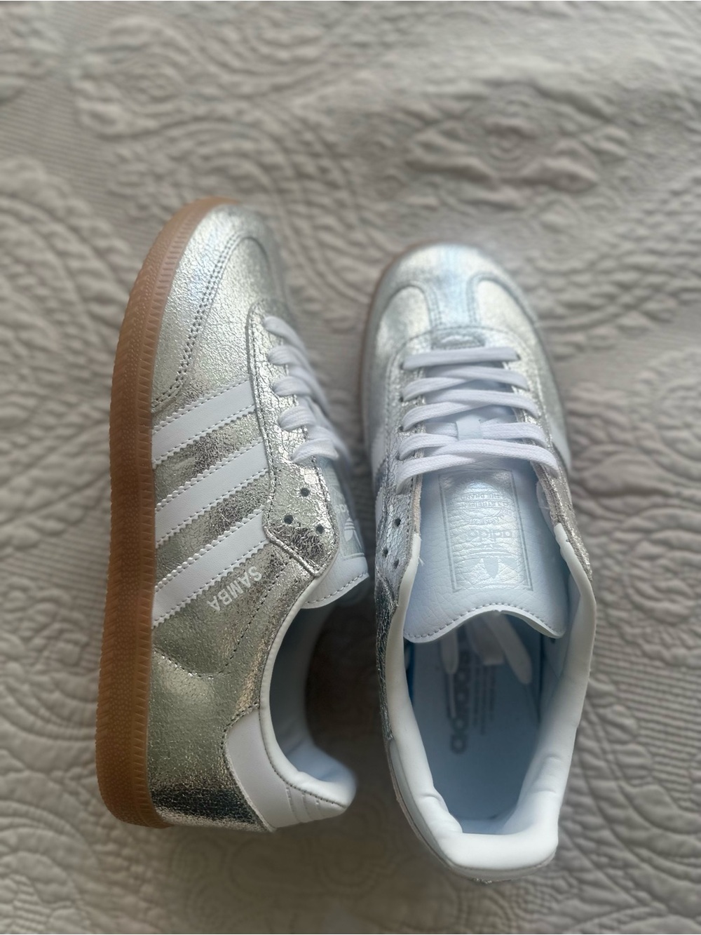 adidas Silver Samba Sneakers with White Stripes and Gum Sole